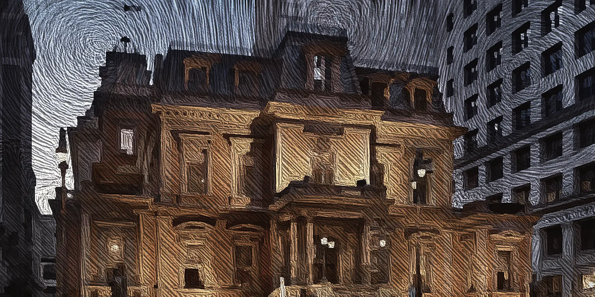 A painting of The Union League of Philadelphia at night: the brownstone clubhouse lit from within against a deep blue sky worked in swirling brushstrokes